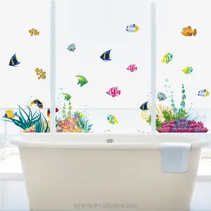 Nouveau Syene 3d salle de bain carrelage mural autocollants monde sous-marin coloré poisson miroir mural auto-adhésif décoration stickers muraux enfants