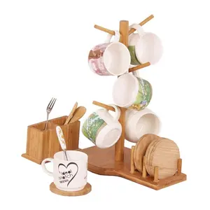 Поставка бамбуковых деревянных держателей для кружек и тройников, подставка для слива, комбинированная стойка для хранения чашек, органайзер для кофейных чашек с 6 подставками