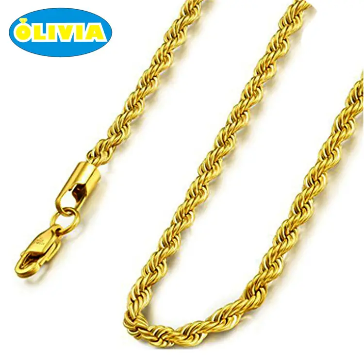 Altın kaplama paslanmaz çelik takı 18K altın halat zincir kolye stok popüler altın kolye