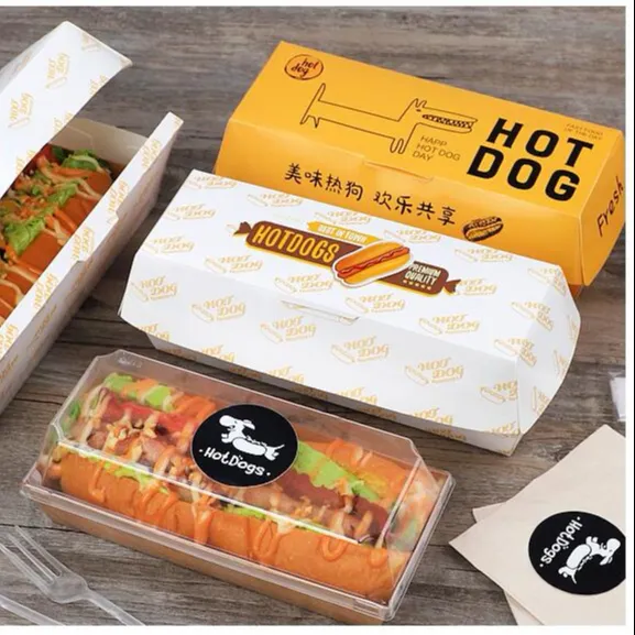 Özel tek kullanımlık çevre dostu standart fast food kraft kağıt paket ambalaj kol paketleri Hot Dog burger kutusu için restoran