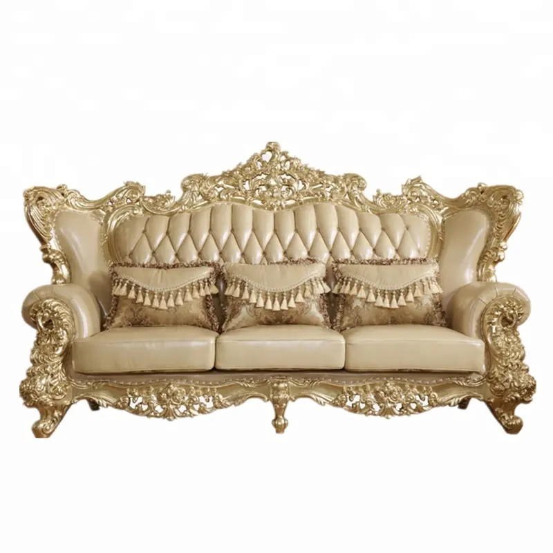 सोना शाही क्रीम रंग के चमड़े के सोफे ठोस लकड़ी 1 + 2 + 3 सीट कमरे में रहने वाले सोफे लकड़ी के नक्काशीदार