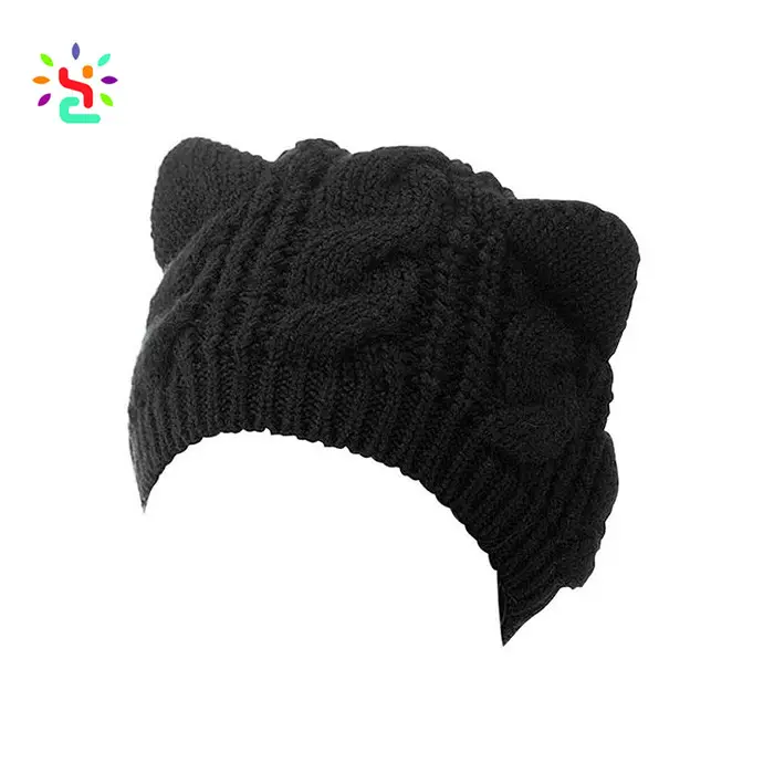 Boutique donna divertente acrilico orecchie di gatto nero lavorato a maglia beanie cappelli