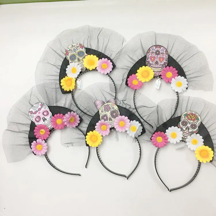 Ladies Teens Day of The Dead Sugar Skulls Spiderweb Colourful Floral Flowers Hairband Headband Halloween Fancy Dress Costume