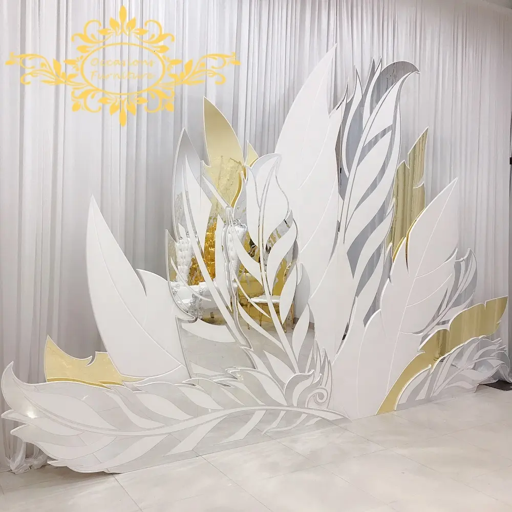Cermin Akrilik Bulu Perak dan Emas PVC Latar Belakang Putih Pemotongan 3D Mewah 2019 Latar Belakang Panggung Pernikahan Terbaru