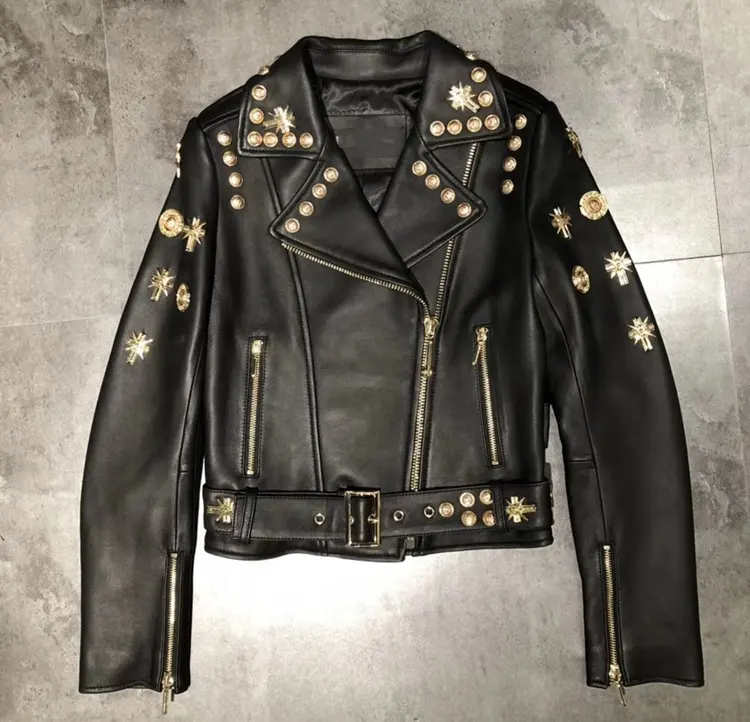 Fashion Cool Design Genuine Leather Coat Short Real Leather Punk Style Casual Studded Perfectly Motorcycle Women Leather Jacket