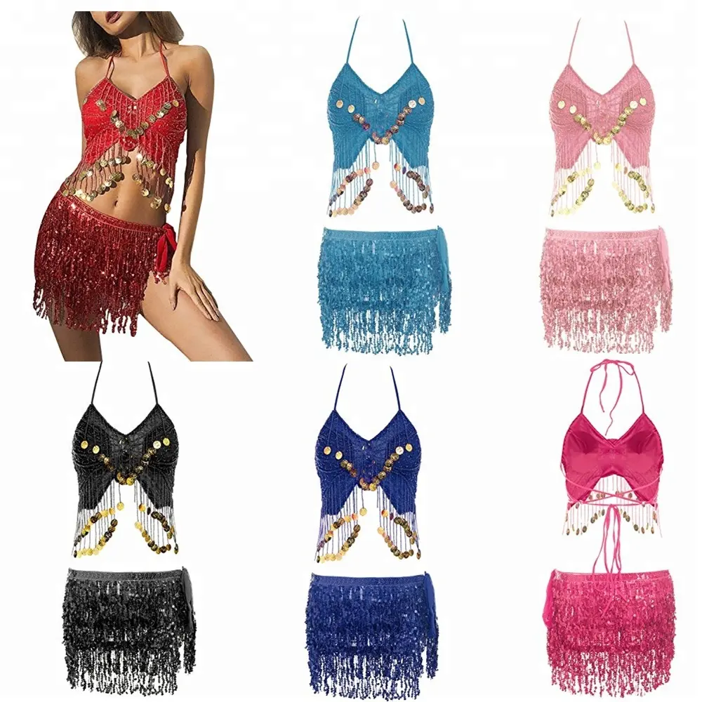 Bestdance Belly Dance Costume Sequin Fringe Top Hip Scarf Wrap Music Festival Shinning Top Skirt Suit Set OEM