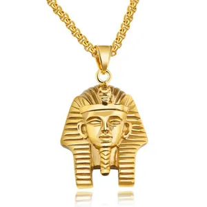 Hip Hop Men Vintage Stainless Steel Never Fade 24K Gold Egyptian Pharaoh Necklace