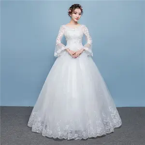 热卖韩国风格长角袖蕾丝花地板长度新娘婚纱