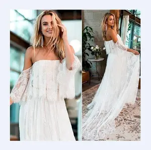 Vestido de novia bohemio Vintage con Apliques de encaje ilusión sin hombros estilo playero