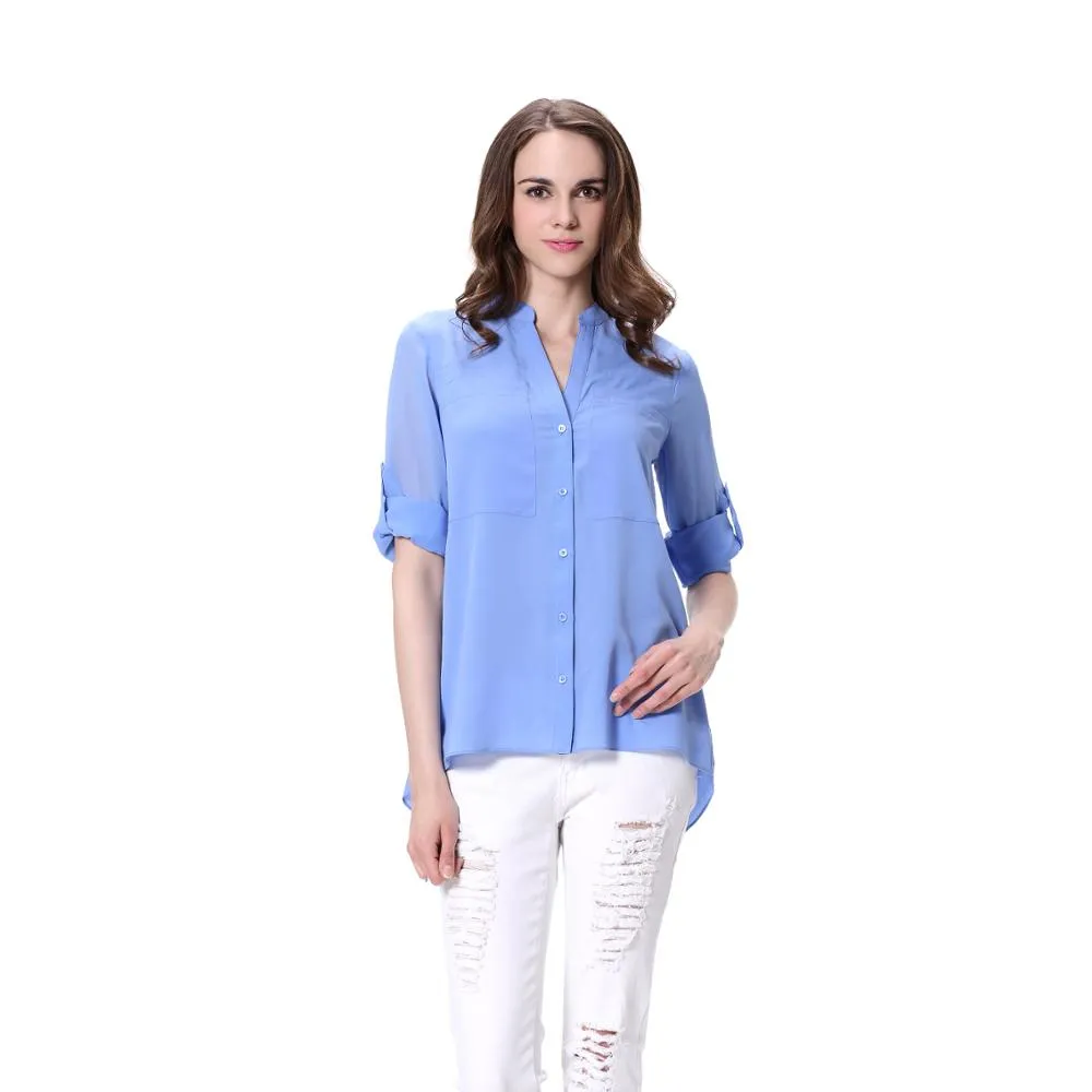 新しいデザインブルー半袖シフォントップblusas ropa de moda mujerブラウス
