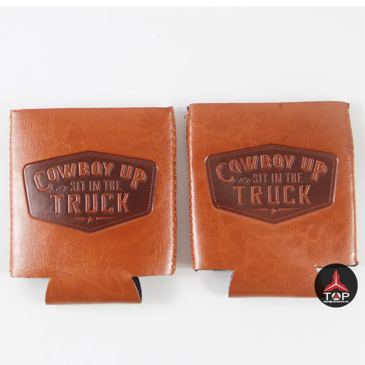 High Quality Debossed Logo PU Leather Can Coolers Beer Bottle Stubby Holder for 330 ml Cans
