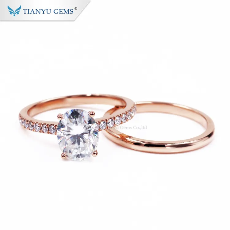Tianyu Gems Custom Jewelry Set Silver S925 14k 18k Genuine Rose Gold 2Carat Oval Moissanites VVS Wedding Ring For Women