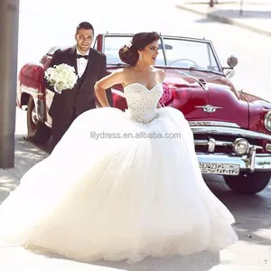 NE263 Người Yêu Bóng Gown Wedding Dresses Khiêm Tốn Đính Cườm Appliques Puffy Tulle Wedding Dress Lace Up Trở Lại Phi Bridal Gowns