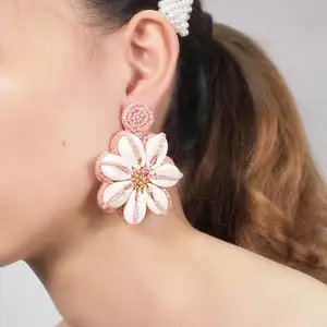 HANSIDON Handmade Shell Beaded Earrings Women Trendy Drop Earrings Boho Large Flower Big Statement Earrings Accessories