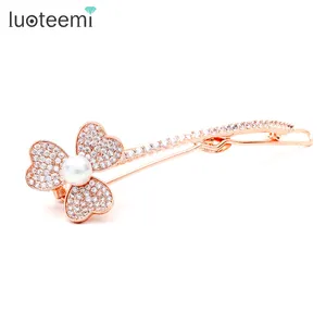 LUOTEEMI Wholesale High Quality Rose Gold Plated Handmade CZ Micro Paved Shell Pearl Flower Bridal Girl Hairpin For Wedding