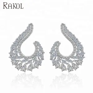 RAKOL EP2038 New designer luxury trendy large leaf shape 925 silver wedding zircon stud earrings for women free shipping