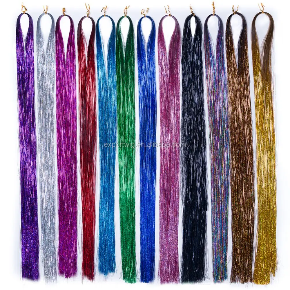 Perada rambut 120cm 20g 600-700 helai 18 warna perak ungu pelangi sintetis perada rambut Glitter ekstensi rambut