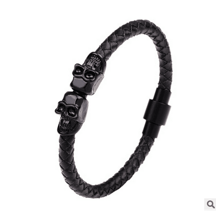 Mode En Gros Bijoux En Acier Inoxydable crâne Tressé Bracelets Magnétique Boucle Hommes Véritable Bracelet En Cuir