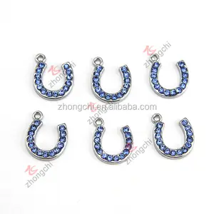 Hot Selling Blue Crystal Horseshoe Pendant charms, wholesale silver horse shoe charms for fashion accessories