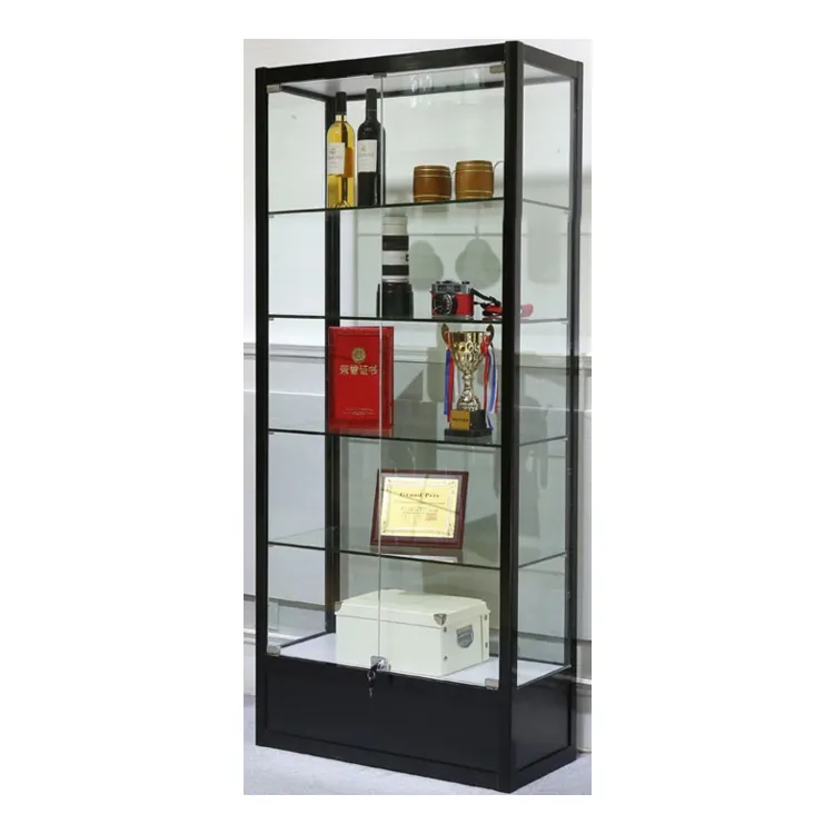 Полностью закаленное стекло многофункциональная черная алюминиевая рама Запираемая открывающаяся дверь высокий трофей стеклянный витрина шкаф