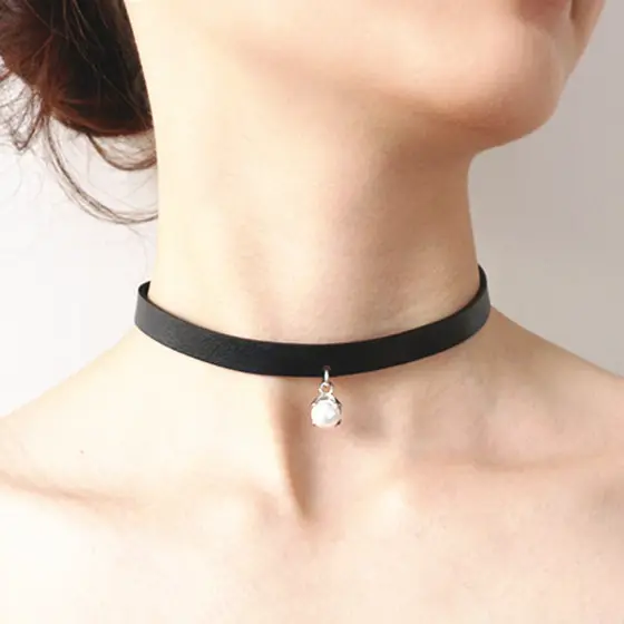 Vintage Cowhide Rope 925 Sterling Silver Leather Pearl Choker Necklace