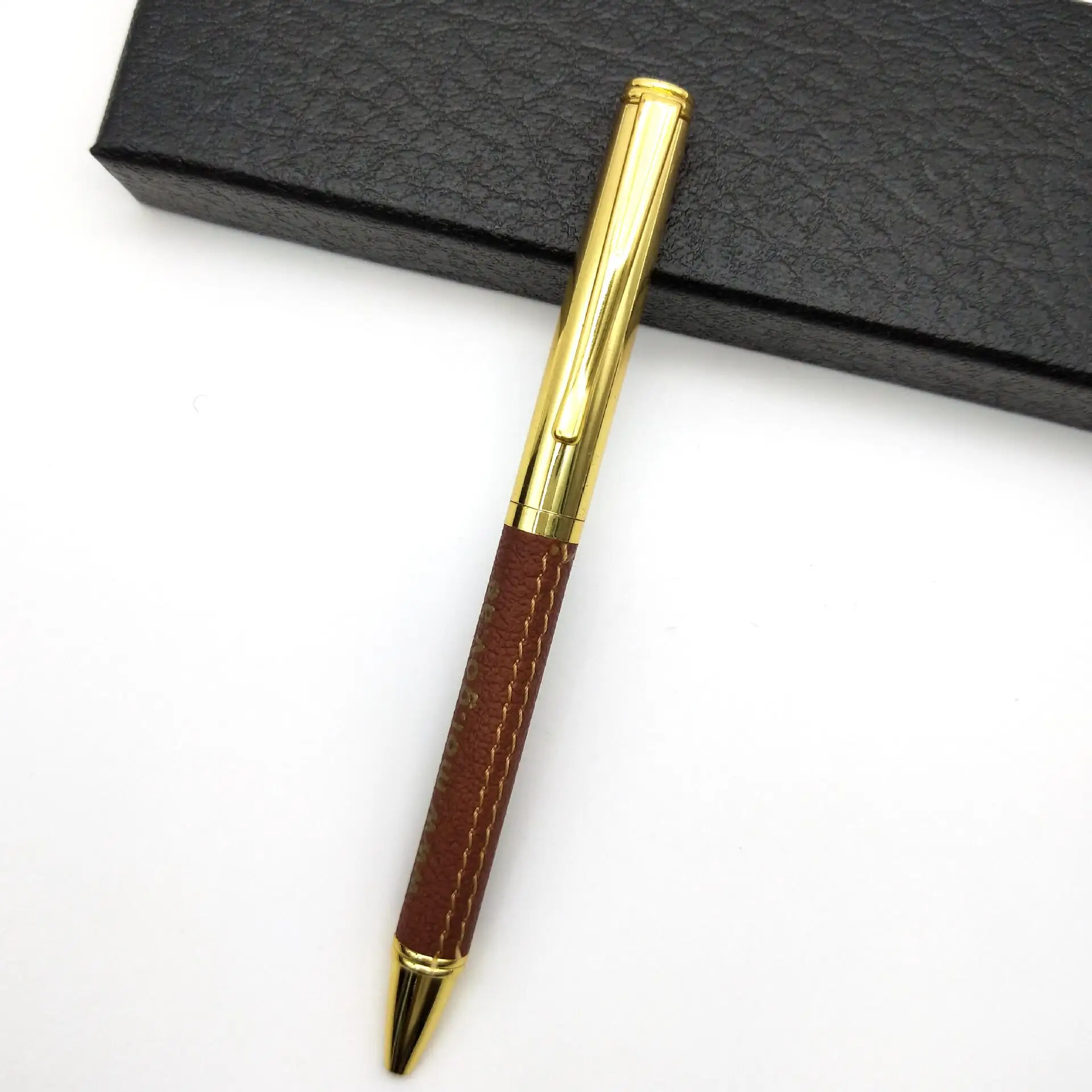 Gold metal leather wrap design premium metal ballpoint pens for custom logo advertising hotel PU pen
