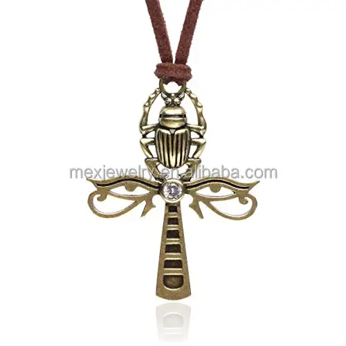Collar con colgante de Cruz egipcia Ankh, joyería de Ojo de Horus y escarabajo, regalos, cordón de cuero ajustable