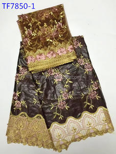 Top Qualité Inde George Wrappers Avec <span class=keywords><strong>Chemisier</strong></span> Bazin Riche Broderie Avec Filet Assorti Dentelle pour Aso Ebi - Product Image 3