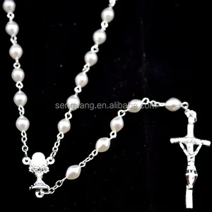 Collier de prière catholique, perles en plastique, chapelet tribal, blanc