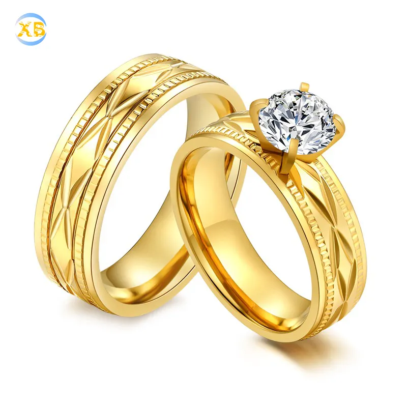Stock Gold CZ Wedding Stainless Steel Couple Rings Wholesale