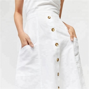 Donne Croce Bianca Posteriore Con Bottoni In Cotone E Lino Vestito Longuette - Product Image 5
