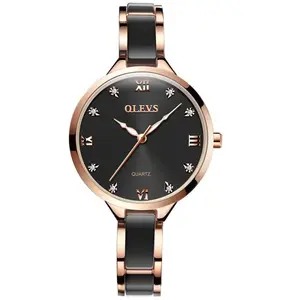 OLEVS reloj de cerámica de lujo de las mujeres relojes de cuarzo romano Surface Dial reloj impermeable de oro rosa de acero inoxidable reloj de pulsera