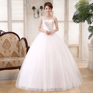 패션 원숄더 웨딩드레스 스팽글 비즈 레이스 플라워 화이트 웨딩 가운 - Product Image 4