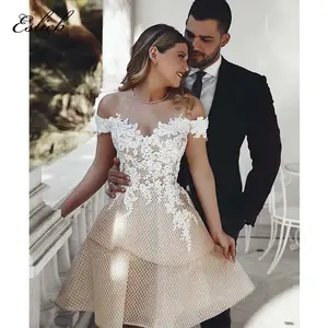 ग्रिड tulle फूल फीता appliques शादी की पोशाक बंद कंधे दुल्हन शिविर के लिए शिविर शादी की पोशाक लघु शादी का गाउन