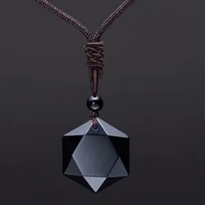 2019 simples Cúbicos de Pedra De Obsidiana Natural Pingente Hexagrama Colar Amuleto da Sorte Energia Colar de Obsidiana Negra