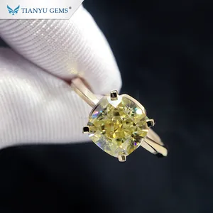 Tianyu solid Gold moissanite Ring 6.5*6.5mm vivid fancy yellow cushion crushed ice Moissanite Wedding lady Ring