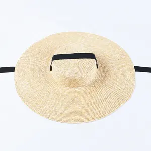 Sombrero de paja de bajo nivel para la playa, gorra de paja plana para la parte superior, con cinta blanca y negra