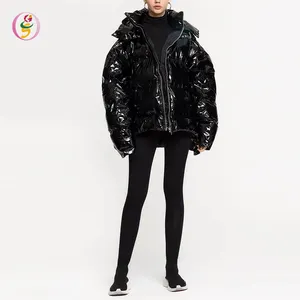Winter Tragen Frauen Shiny Black Oversize Puffy 100% Polyester Futter Mantel