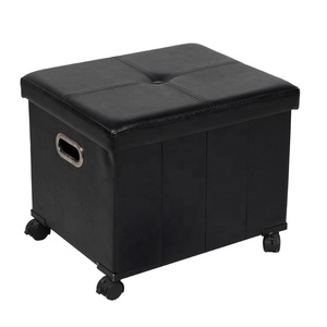 Bailey Leather Poof Ottoman Folding <strong>Stool</strong> <strong>with</strong> <strong>Wheels</strong> - Product Image 1