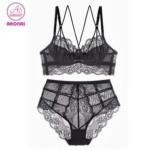 top brand ladies under wired push up sexy lace transparent bra panty set