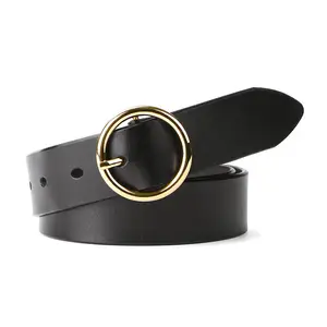 Women Casual Retro Skinny Black Genuine Leather Belt with Round Pin Buckle