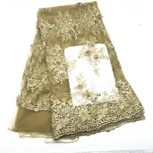 Tecido De Renda Nigeriano De Cor De Ouro Dubai Bordado Renda De Tule Francês Mais Recente Tecido De Renda Africano 2018 Com Pedras E Frisado J036