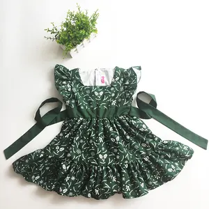 定制儿童服装深绿色印花儿童秋季连衣裙圣诞连衣裙