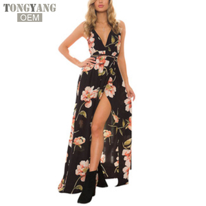<span class=keywords><strong>Abito</strong></span> lungo estivo TONGYANG <span class=keywords><strong>abito</strong></span> con stampa floreale da donna scollo a v senza maniche cinturino per Spaghetti <span class=keywords><strong>abito</strong></span> lungo Sexy con spacco laterale senza schienale - Product Image 1