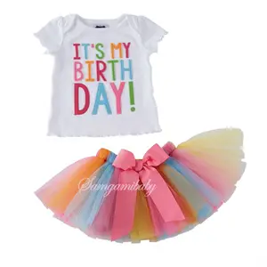 Conjunto de roupas infantis, roupas para crianças de 1 ano, presente de aniversário para meninas, conjunto com camiseta, saia tutu do arco-íris, conjunto de 2 peças para meninas