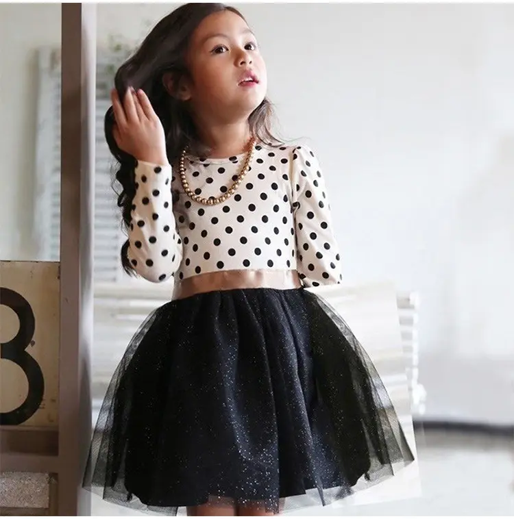 Dot Vestido de Manga Longa Para As Meninas Roupas de Bebê Criança Traje Roupa Da Menina Da Escola do Adolescente Desgaste Diário Caixilhos Crianças Roupas Casuais