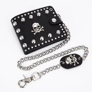 Hot Selling European American Style Fashion Punk Rivet Skull Head Bag Individual Custom Design Chain PU Leather Wallet