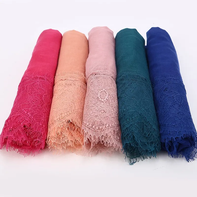 Custom Lace Sjaal Hijab Lichtgewicht Dames Zachte Katoenen Sjaal Wrap Bloemen Wimper Kant Meisje Marokko Hoofddoek sjaals