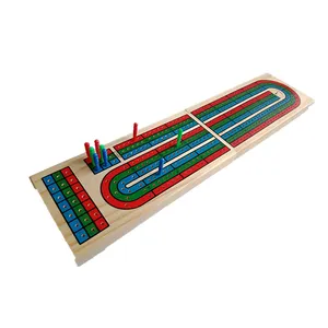 YUANHE Miniatur & Pasak Plastik, Set Papan Permainan Papan Cribbage Kayu dengan Dua Dek Permainan Tradisional 3 Jalur