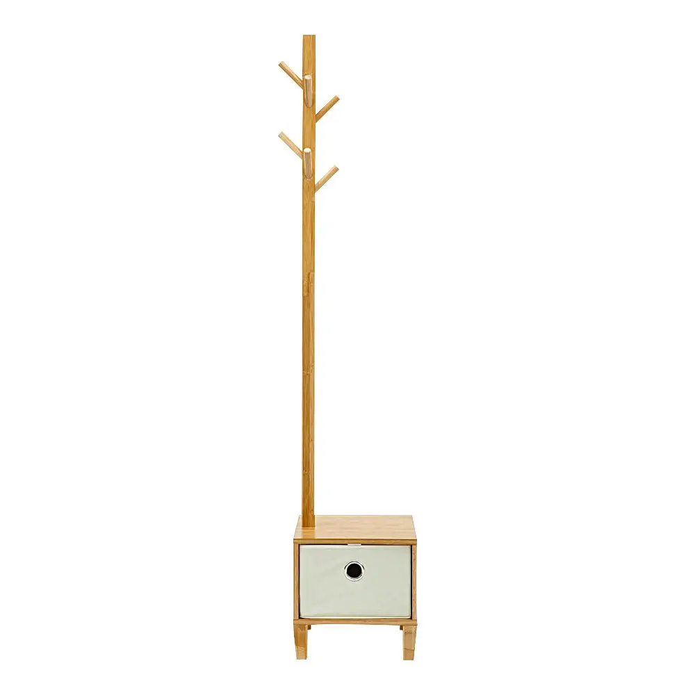 8 Hooks Free Standing Bamboo Coat Hanging Storage Organiser Clothes Stand Hanger with Drawer Design